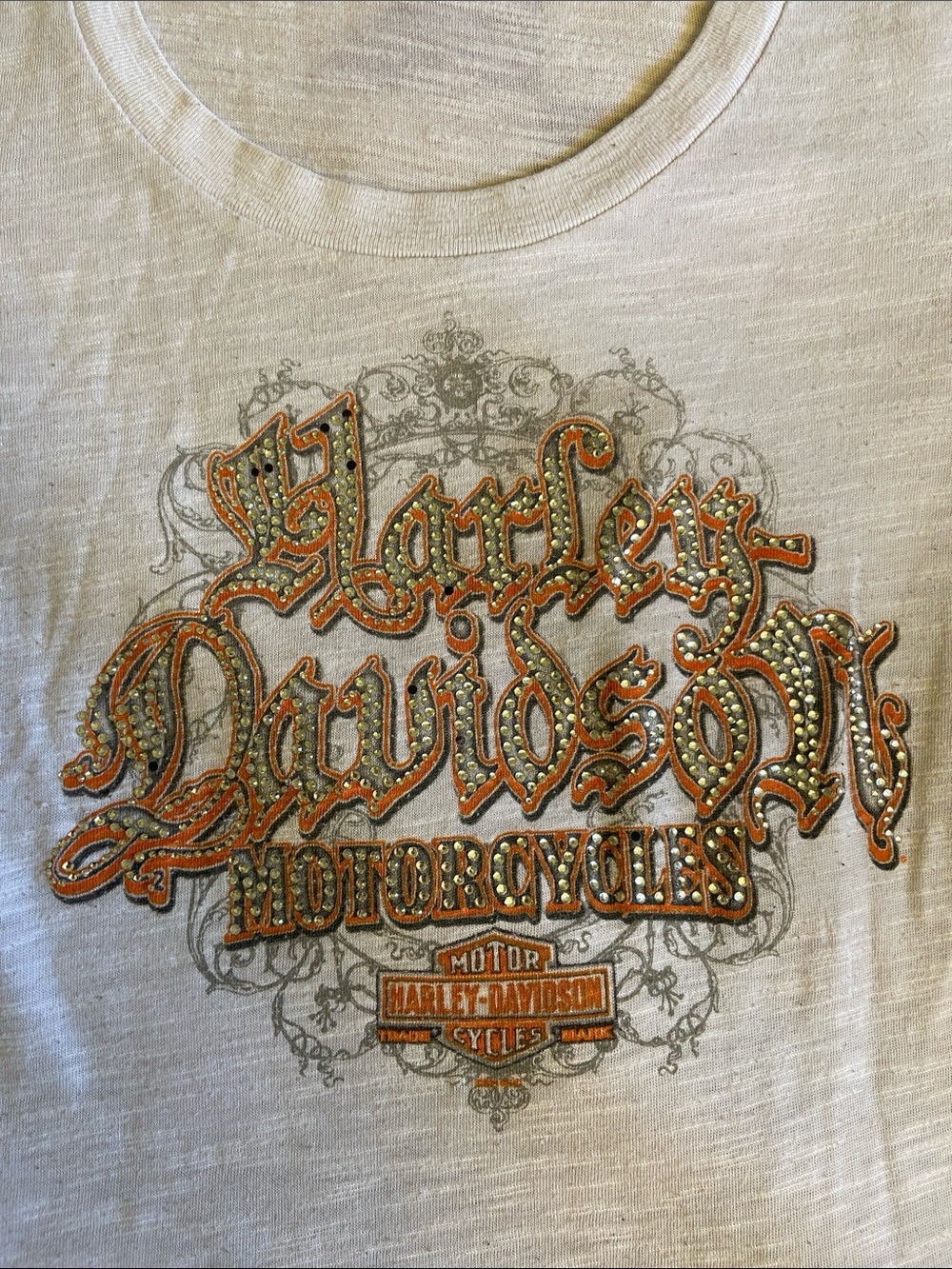 Harley-Davidson White Tee with Orange graphic and rhindstones